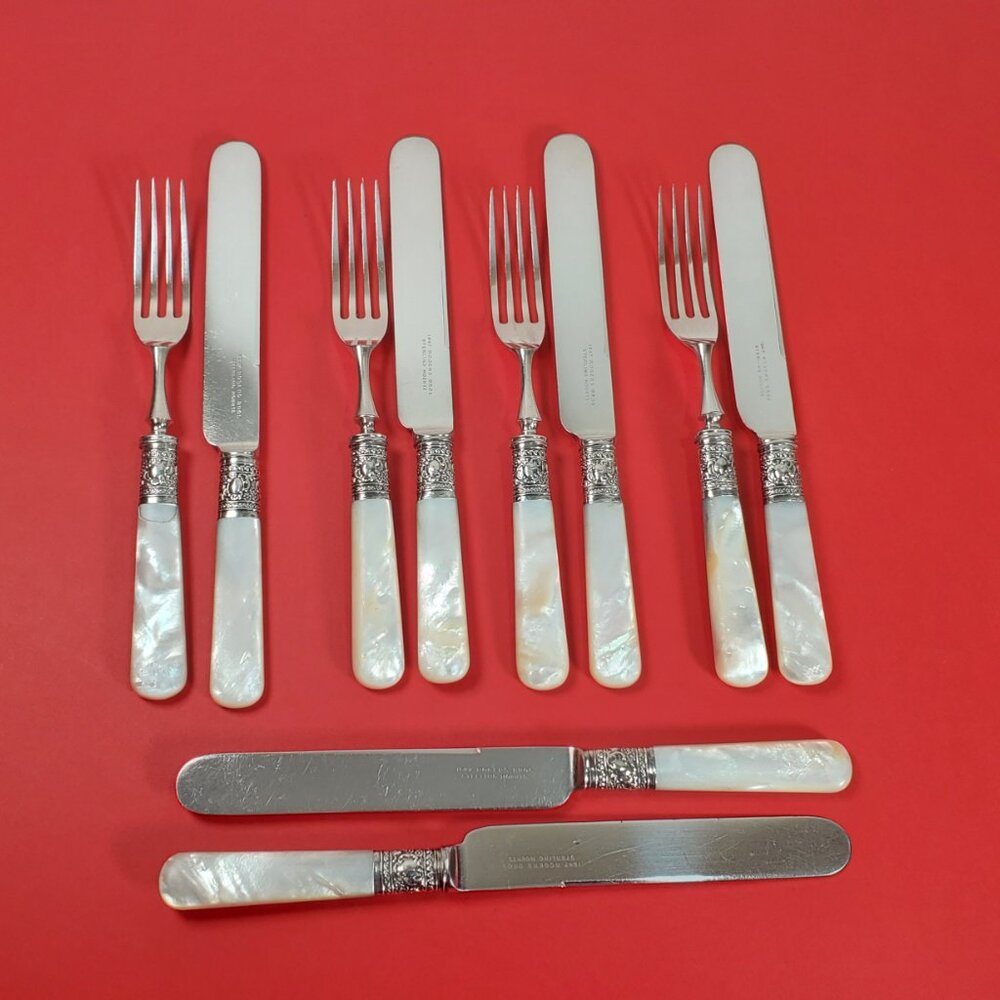 Antique Mother of Pearl Knives & Forks – Sterling Silver Mounted – Rogers Bros